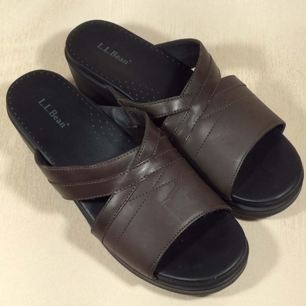L.L. Bean Women’s Brown Leather Slide Wedge Sandals - Size 41 (US 8-9)
